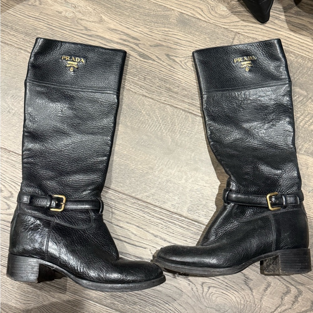 Prada Black Leather Tall Boots with Buckle